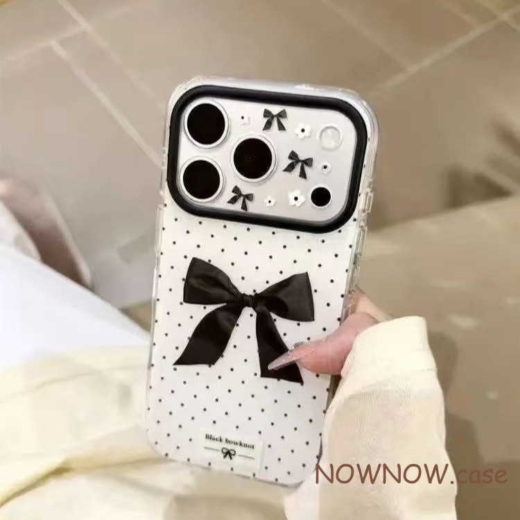 สําหรับIPhone 17 Air 16 15 14 13 12 11 Pro Max X XR XS Max 7 8 PlusสีดําPolka dot bow Coolหน้าต่างขนาดใหญ่รูปหัวใจเคสโทรศัพท์ปกอ่อน