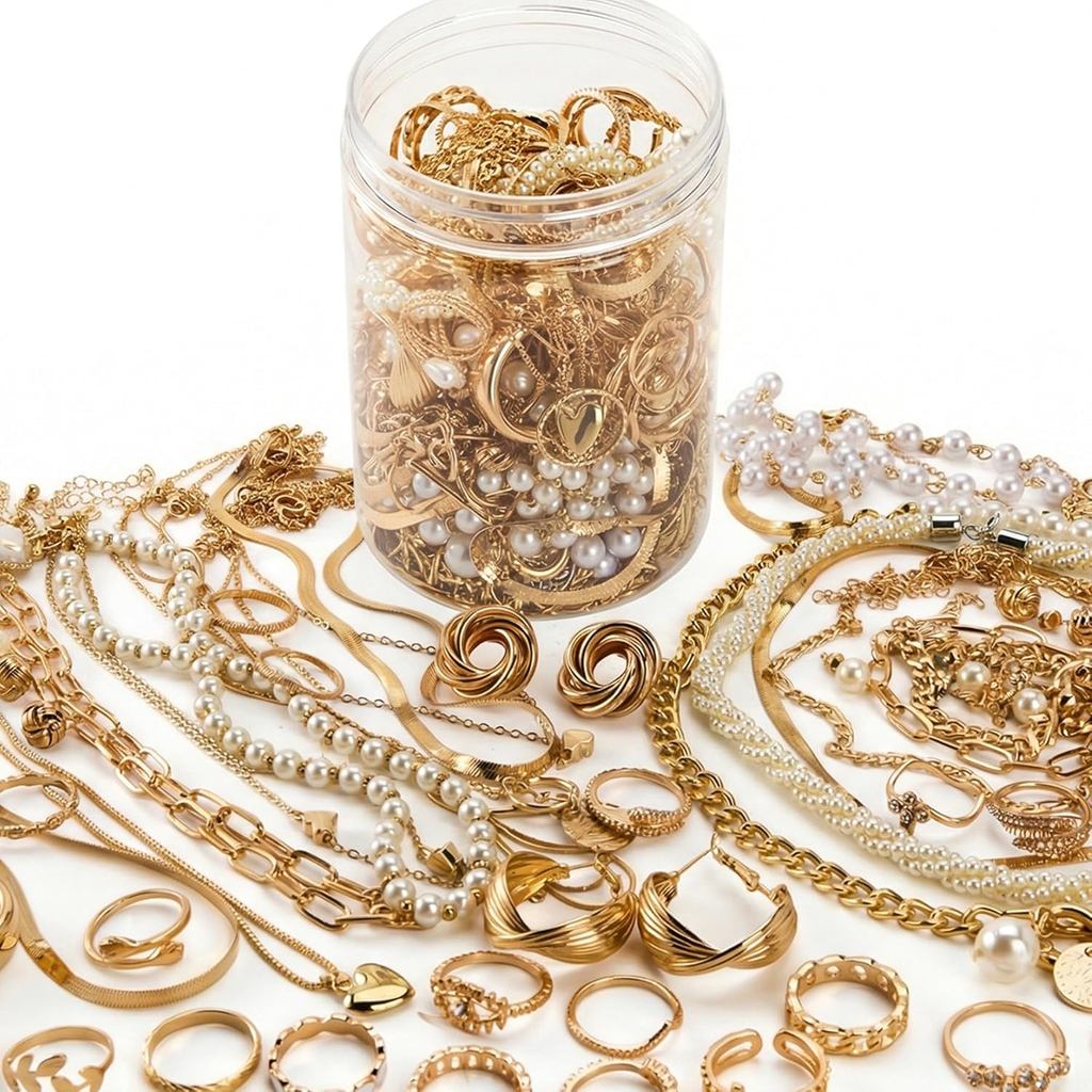 Mystery Jewelry Jar - 54 PCS Vintage Mystery Jewelry Jar Gold, Surprise Necklaces Bracelets Rings Bo