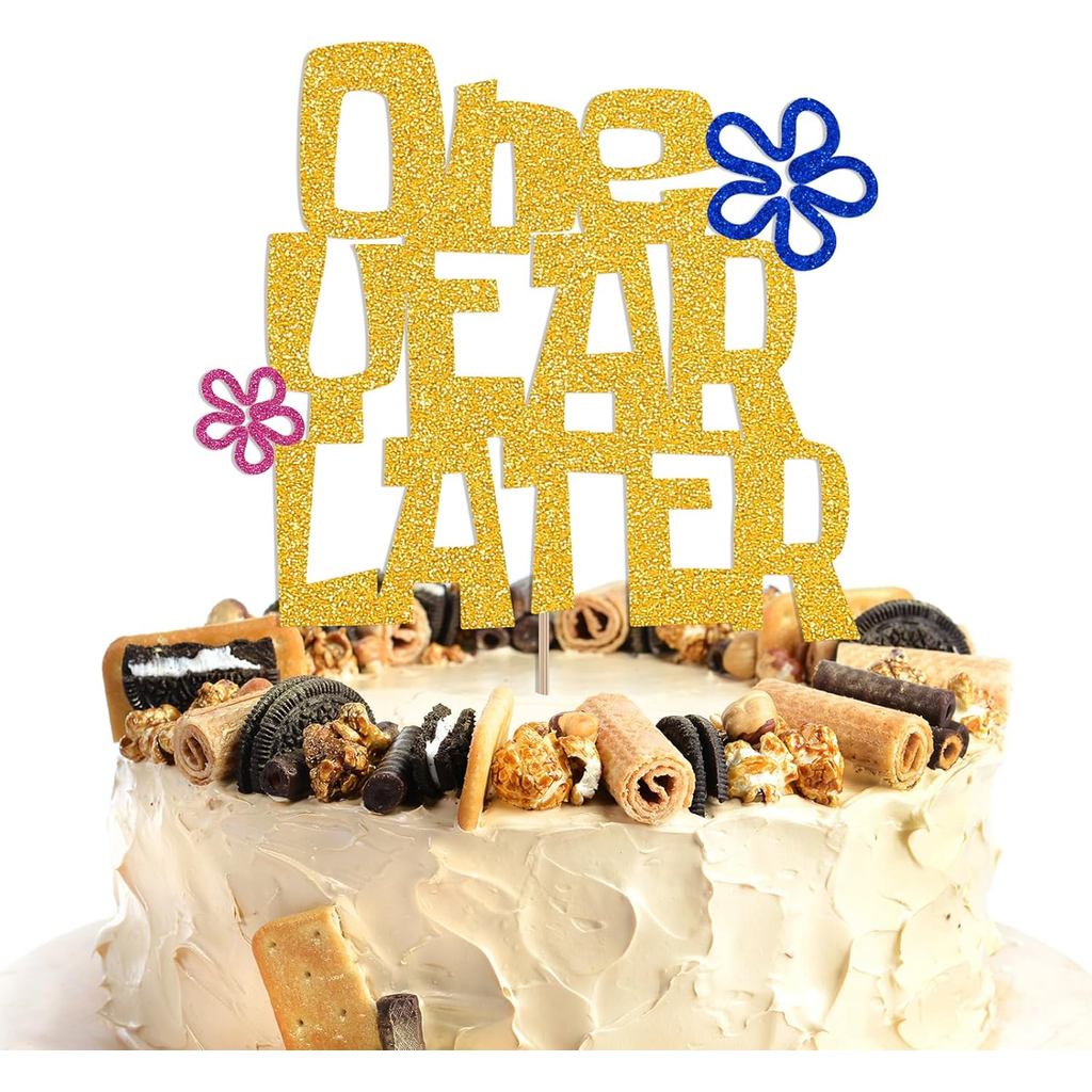 One Year Later Cake Topper - One Magical Year Cake Decor, Yellow Sponge Theme First Birthday Anniver
