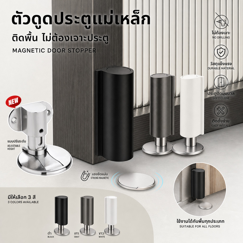 ที่กั้นประตูแม่เหล็ก ที่หยุดประตู แม่เหล็กดักประตู กันชนประตู สำหรับในร่ม ติดกาวไม่ต้องเจาะ