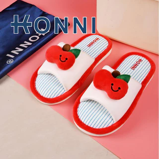 KONNI รองเท้าแตะแฟชั่น รองเท้านิ่ม หญิงน่ารัก บ้านผ้าฝ้ายผ้าลินินผ้าลินิน รองเท้าใส่ในบ้าน ลายแอปเปิ้ล
