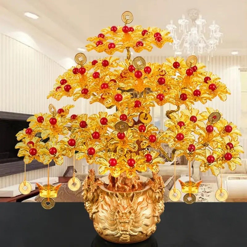 โชคดี DIY ต้นไม้เงิน Feng Shui ความมั่งคั่งและโชค Prosperity Lucky หัตถกรรมบอนไซรูปปั้นสําหรับตาราง Office Shop งานแต่งงาน Decor