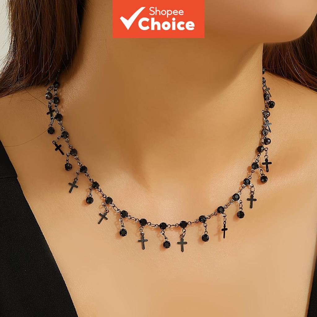 สร้อยคอโชคเกอร์จี้กางเขนคริสตัลสีดํา โทนกันเมทัล สไตล์กอธิค ดาร์กเท่ๆ สําหรับผู้หญิง ใส่ไปงานปาร์ตี้หรือใส่ประจําวัน