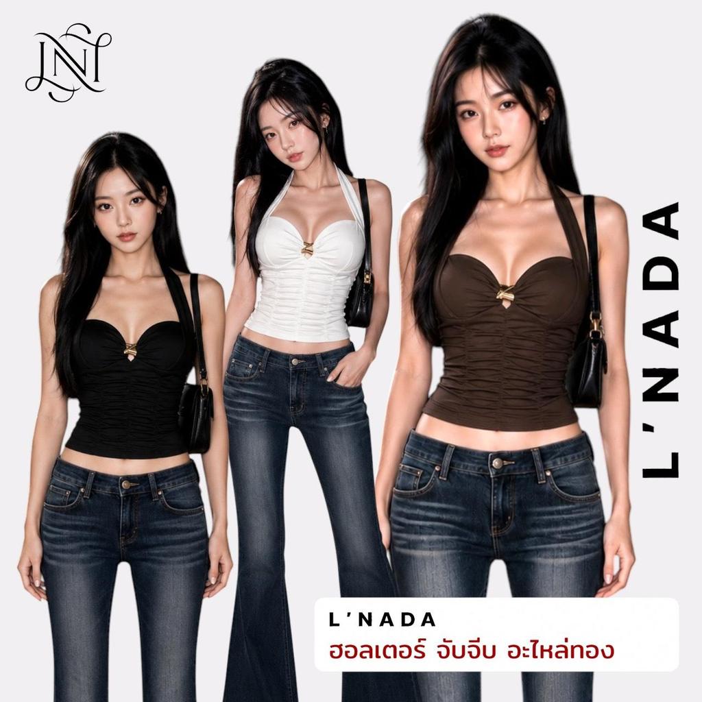L'NADA【พร้อมส่ง】เสื้อสายเดี่ยวคอคล้อง สไตล์เกาหลี แต่งอะไหล่ทอง