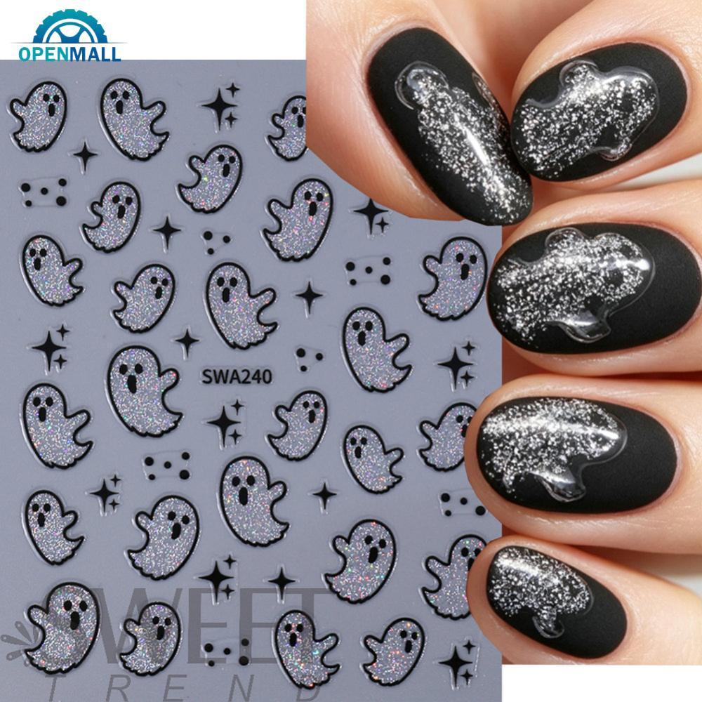 OPENMALL เงินน่ารัก Ghost สติ๊กเกอร์ติดเล็บฮาโลวีน Glitter Star Ghost รูปแบบ Self กาวแบนเล็บ Decals 