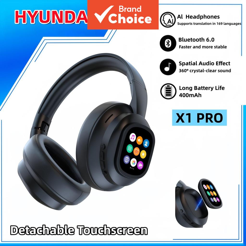 HYUNDAI X1PRO หูฟังหูฟังไร้สายบลูทูธ 6.0 Magnetic Touch Control ชุดหูฟังหน้าจอ LED AI การแปล 150 ภาษ