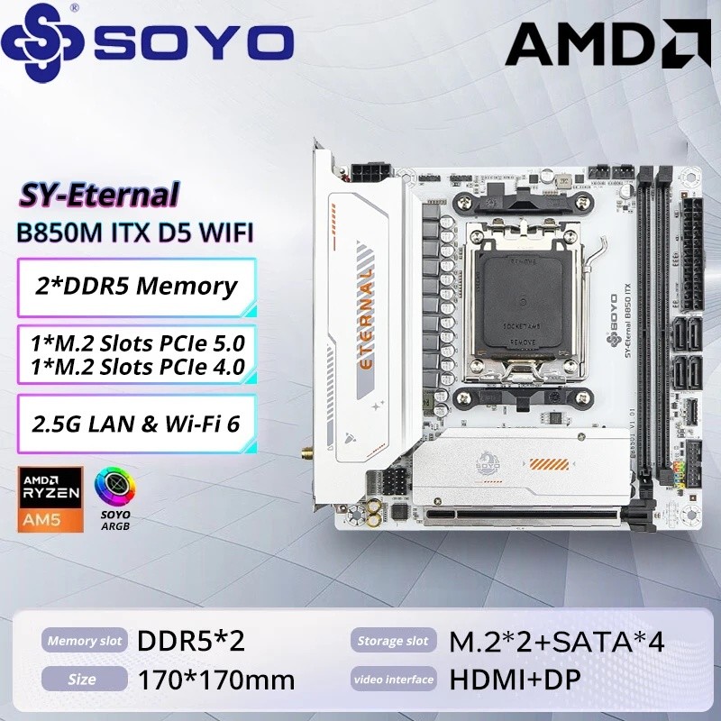 SOYO B850M ARGB เมนบอร์ด WIFI6 MINI-ITX Dual-Channel DDR5 M.2 PCIE5.0 TYPE-C AM5 ซ็อกเก็ต AMD B850IT