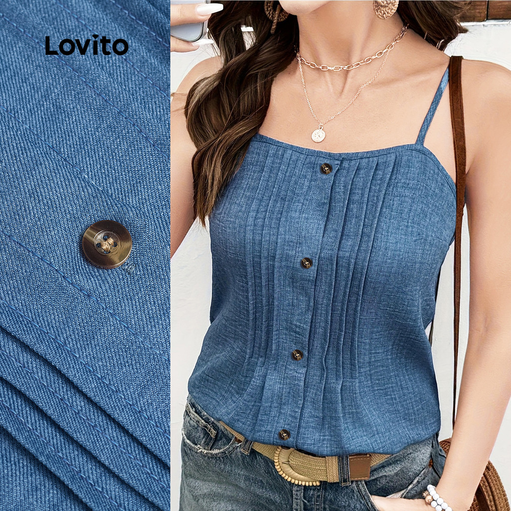 (New Arrival) Lovito เสื้อเบลาส์ลําลองผู้หญิง คอปกติดกระดุม ปักจีบหน้า สําหรับฤดูใบไม้ผลิ/ฤดูร้อน สีฟ้า L196ED703