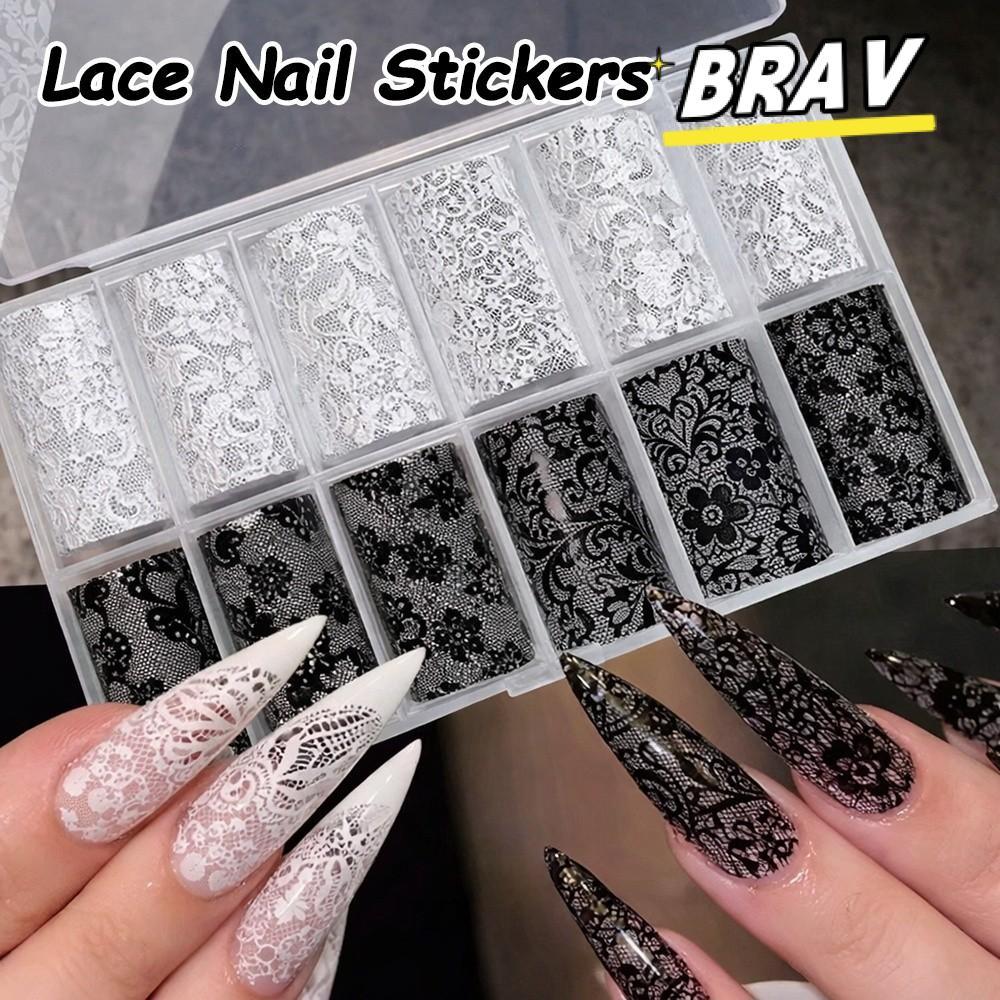 BRAV เล็บฟอยล์,ลายเสือดาวพิมพ์เล็บสติกเกอร์, Professional สีดําสีขาวลูกไม้ออกแบบเลื่อม Effect Nail Decals ตกแต่งเล็บ