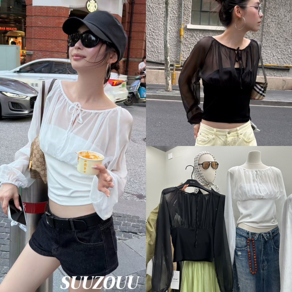 🧡🧵 🇰🇷 SU595 Sheer Chiffon Ruched Tie-Top เสื้อแขนยาวผ้าซีทรูแต่งอกย่น ลุคเกาหลี แฟชั่นเกาหลี TAG MM Fish 🧵🧡