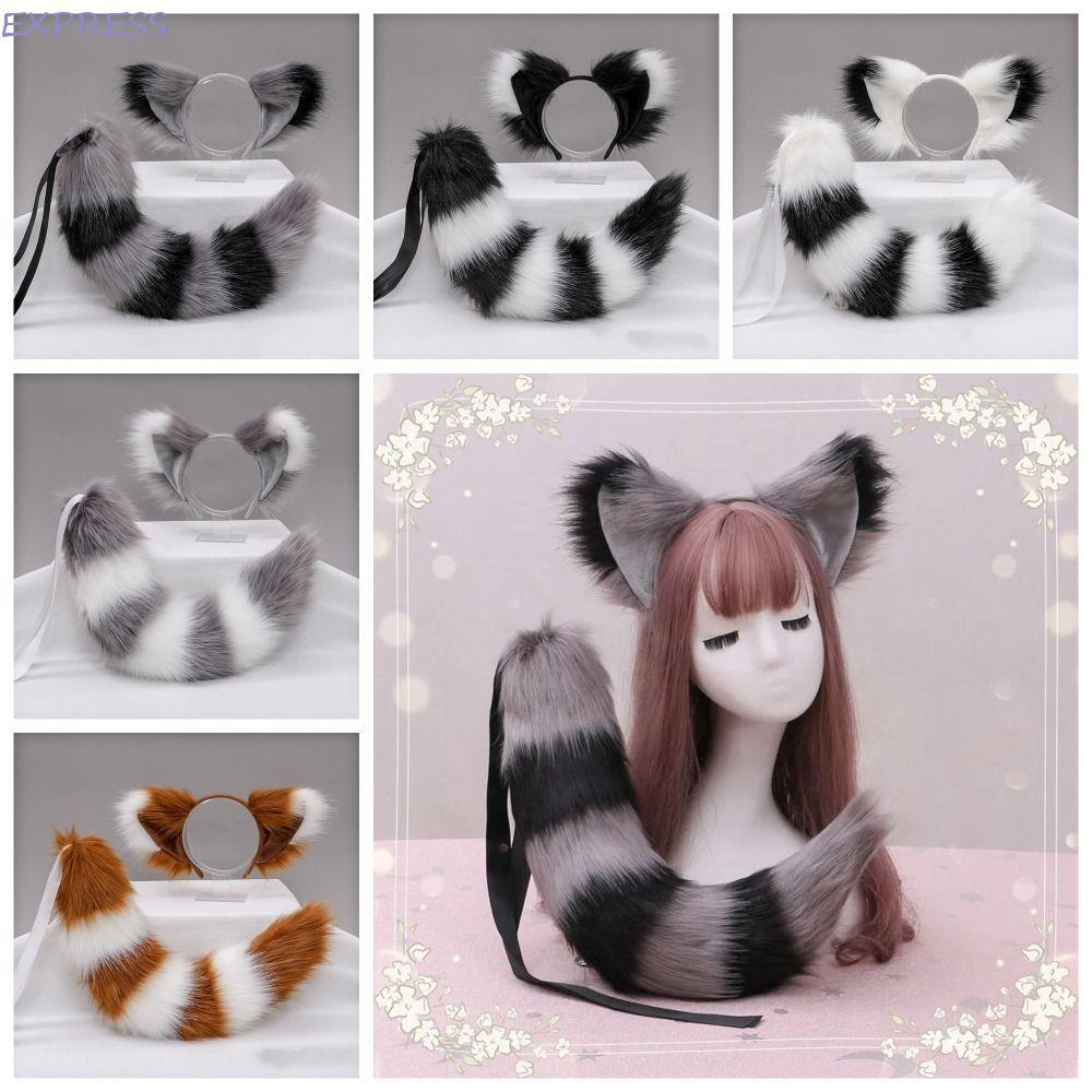 EXPRESS ตุ๊กตาแมวหางและหูชุด,หูแมวหางแมวอุปกรณ์คอสเพลย์ฮาโลวีน,เวทีแสดงตุ๊กตาหลายสีน่ารักฮาโลวีนสัตว์คอสเพลย์อุปกรณ์ประกอบฉากเด็ก