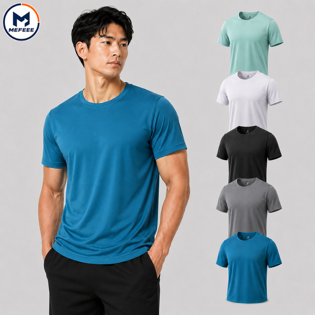 MEFEEE กีฬาผู้ชายเสื้อยืดผ้าไหมน้ําแข็งแห้งเร็วฤดูร้อนหลวมตาข่ายลําลองแขนสั้นสีทึบ ม-5เอ็กแอล