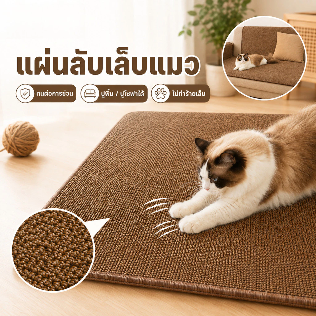 แผ่นขูดแมว เสื่อพรมเลียนแบบป่านศรนารายณ์ การเจียรกรงเล็บสัตว์เลี้ยงทําความสะอาดง่ายใช้งานได้หลายวิธี