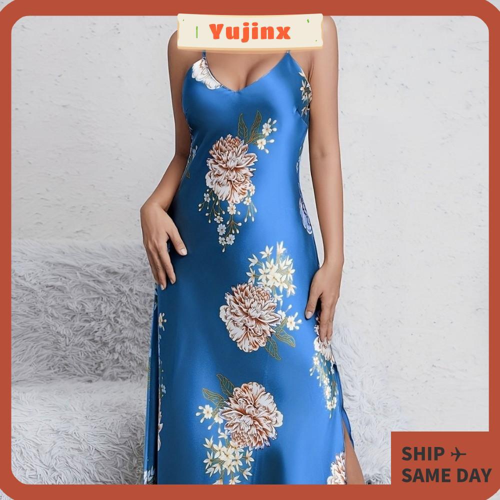 YUJINX Slip Nightgowns,แขนกุดดอกไม้พิมพ์ชุดนอน,แฟชั่นSilky Comfort SmoothยาวMha Elegant Vคอผู้หญิงNi