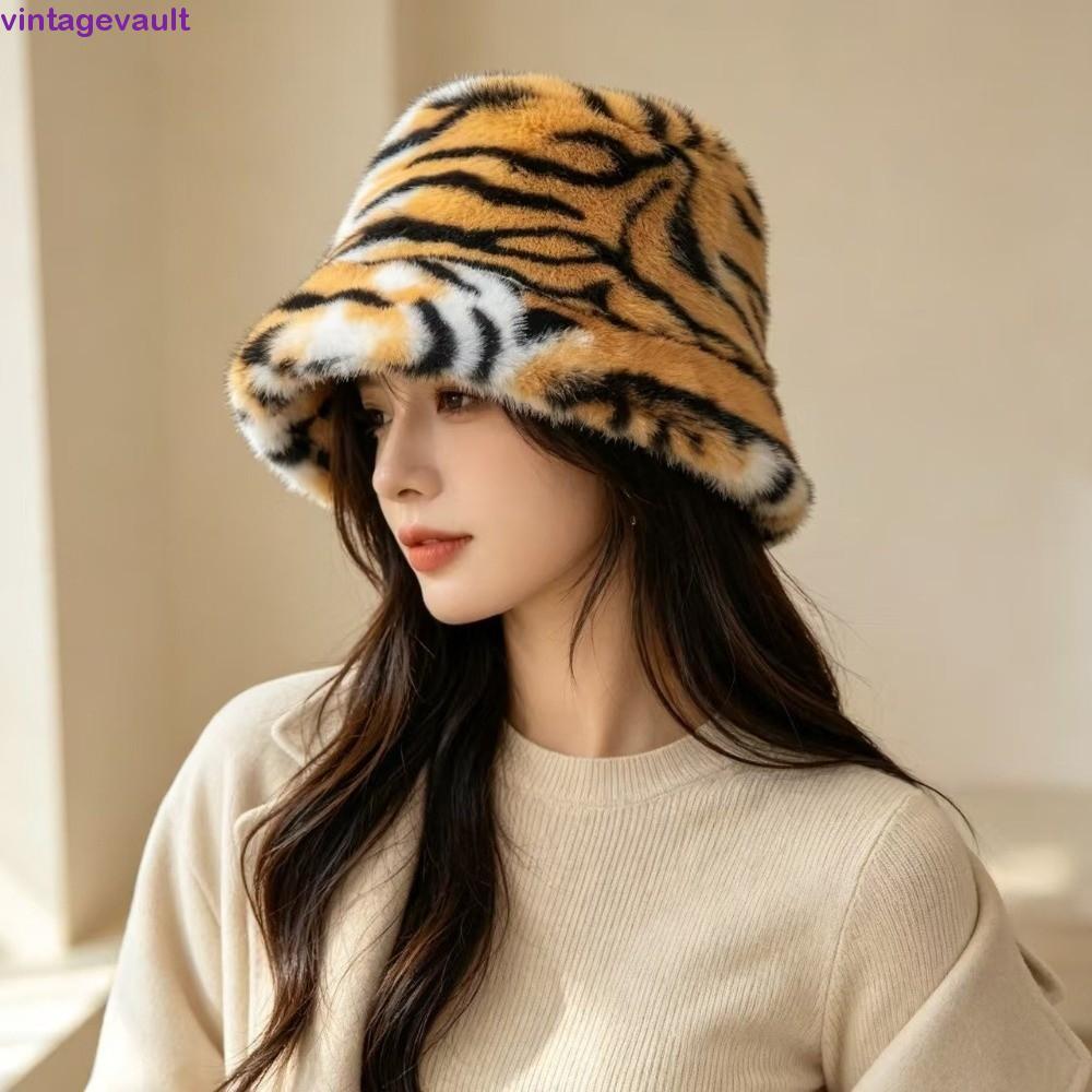 VINTAGEVAULT Plush Bucket Hat, Velvet Warm Faux Fur Fisherman Hat, Simple Korean Style Faux Fur เลีย