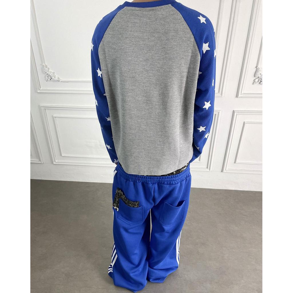 SUIKONE ซุยโคเนะ เสื้อยืดผู้ชายแขนยาวแบรนด์แฟชั่นอเมริกัน วาฟเฟิลสีตัดกันสไตล์เป็นกลาง — صورة 3