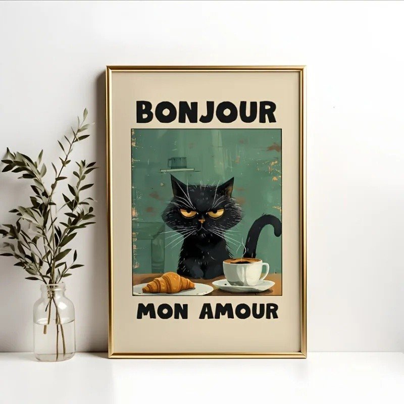 1 ชิ้น Le Chat Noir โปสเตอร์, สีเขียว Bonjour Mon Amour แมวดําอาหารเช้างานศิลปะ, ภาพวาดผ้าใบสมัยใหม่