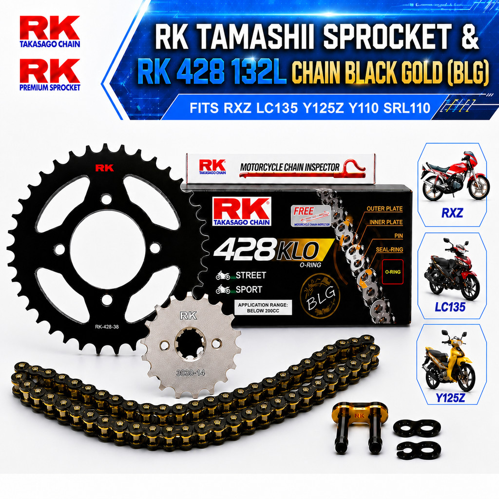 RXZ LC135 Y125Z Y110 SRL110 - COMBO RK Tamashii Sprocket & RK 428 BLACK GOLD (BLG) CHAIN 132L