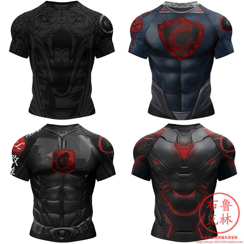 Iron Man Mecha Mens Short-Sleeved Tights Quick-Drying Clothes Breathable Running Fitness Clothes Com