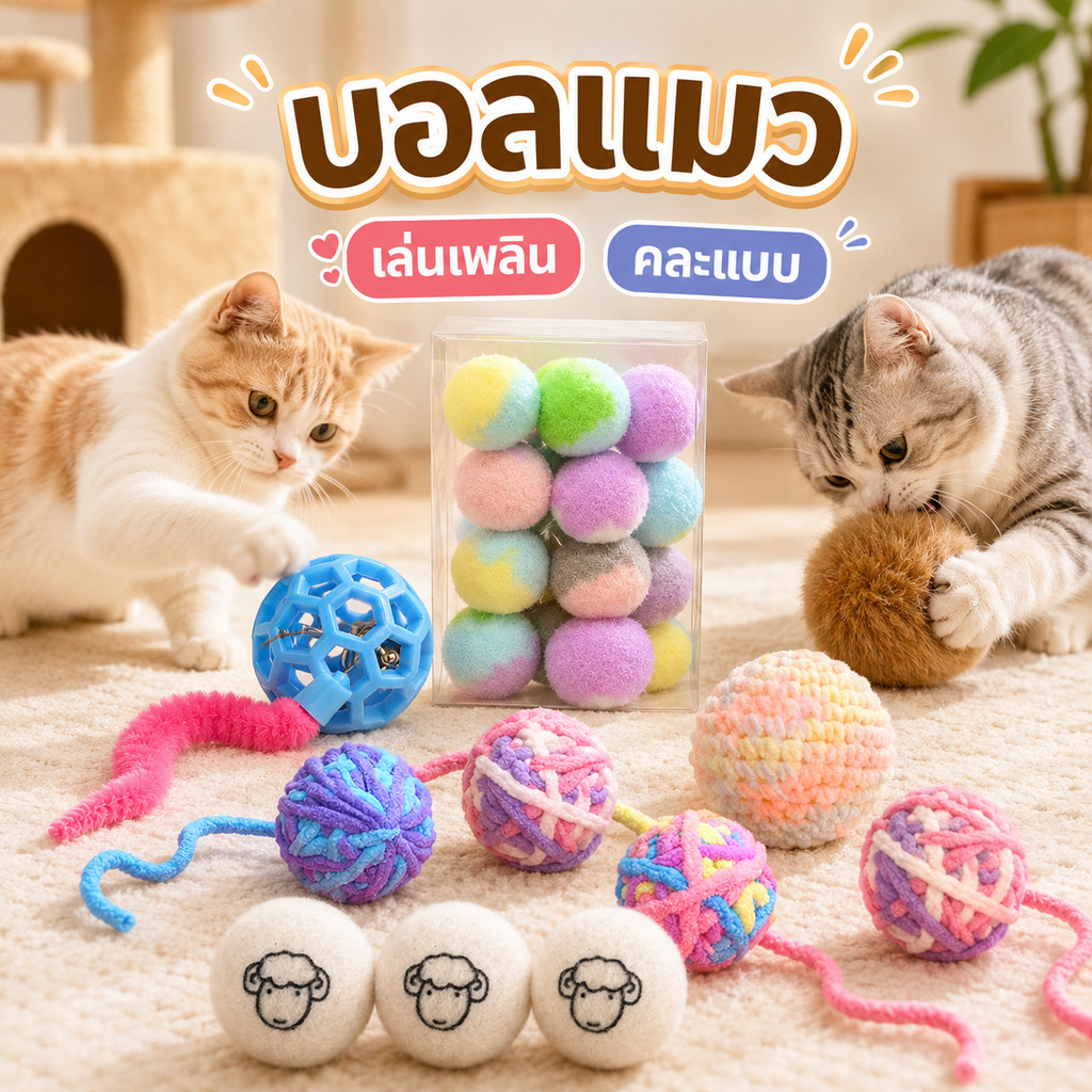 ของเล่นแมว ลูกบอลไหมพรม มีกระดิ่ง ลูกบอลอินเตอร์แอคทีฟ สีสันสดใส ทนทานต่อการกัดเล่น ของเล่นสำหรับแมว