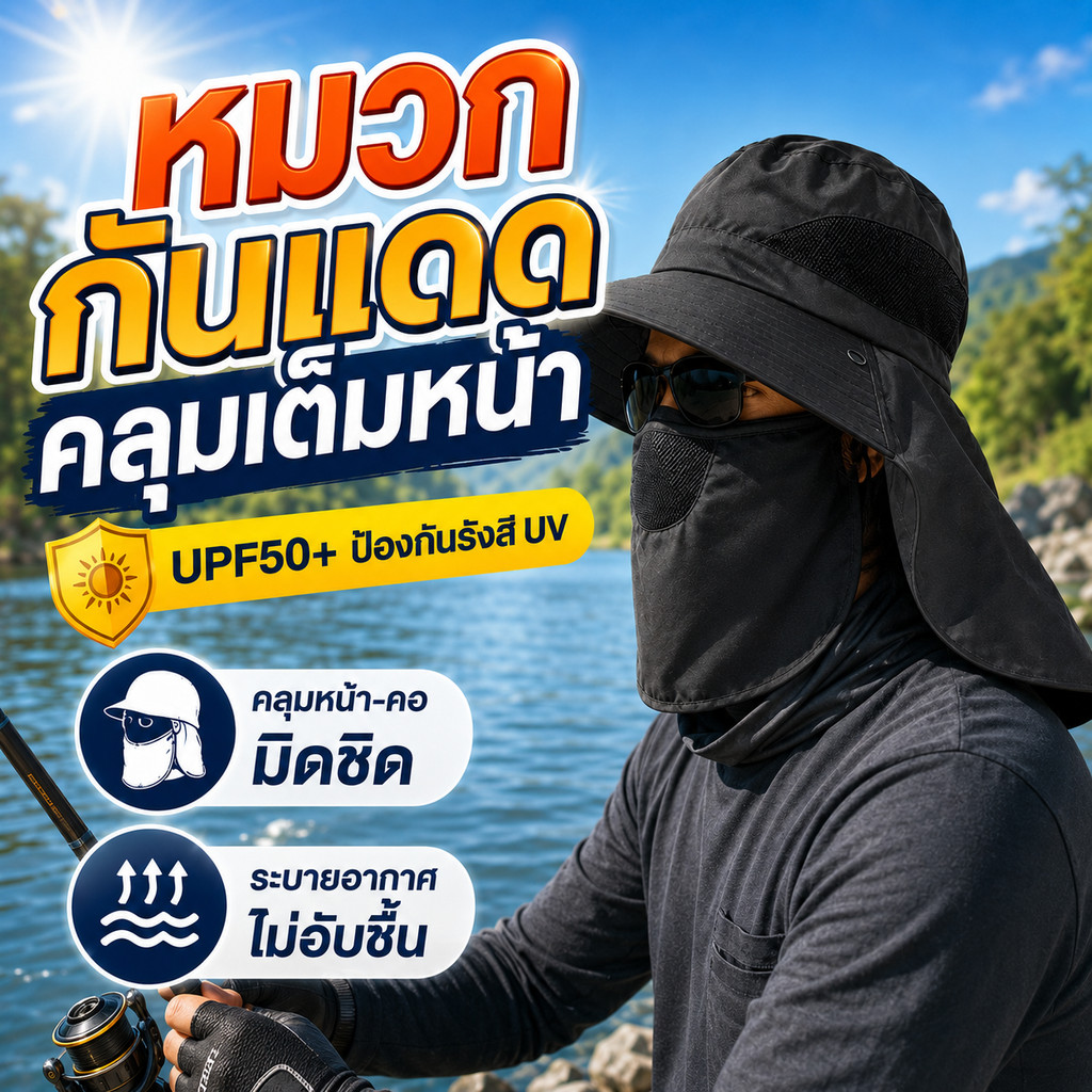 หมวกกันแดด UPF50+ ปีกกว้าง คลุมหน้า กันรังสี UV ระบายอากาศ สำหรับเดินป่า ตกปลา ท่องเที่ยว