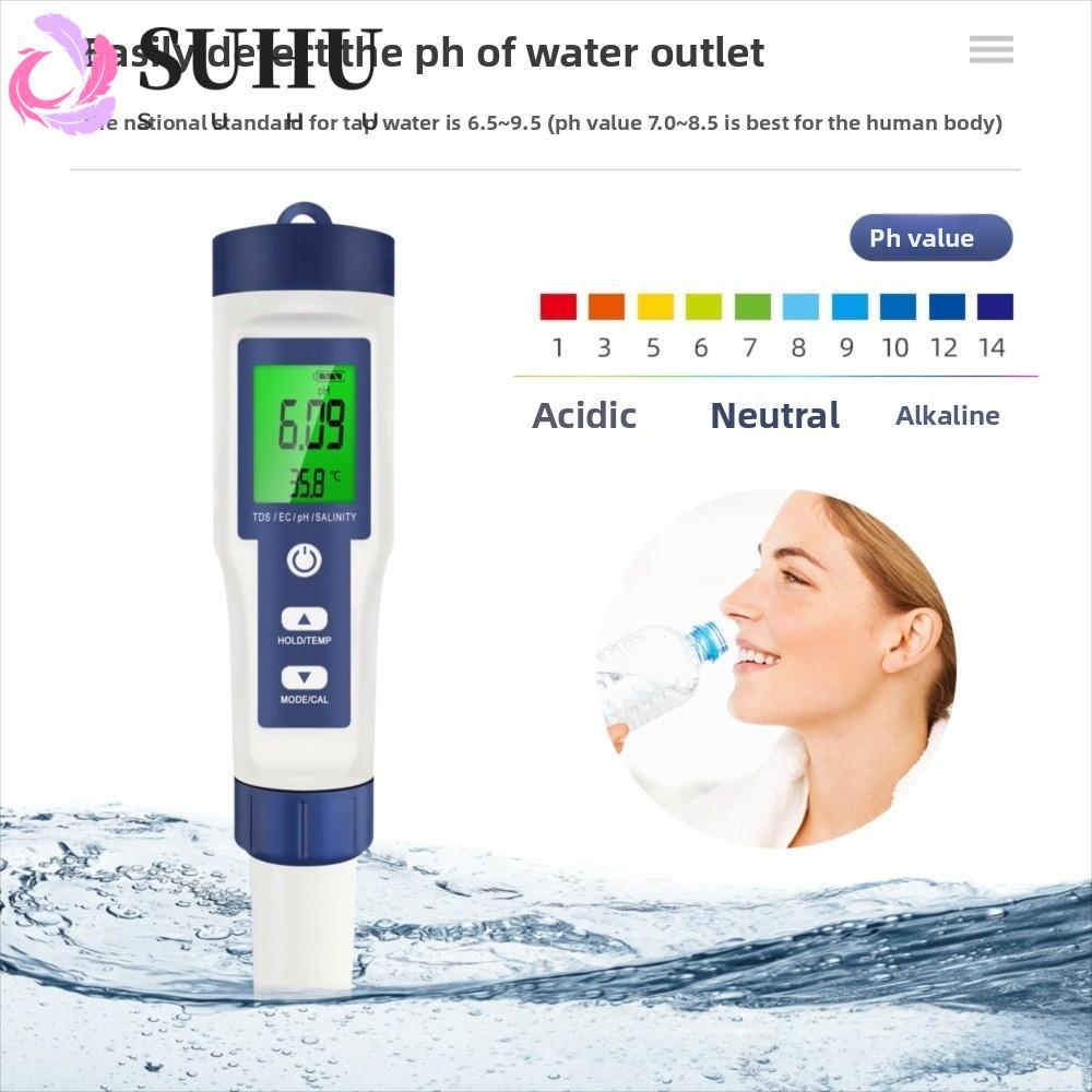 SUHU Digital TDS Meter, 5 in 1 เครื่องทดสอบคุณภาพน้ําหน้าจอเรืองแสงขนาดใหญ่, TDS/EC/PH/ความเค็ม/อุณห