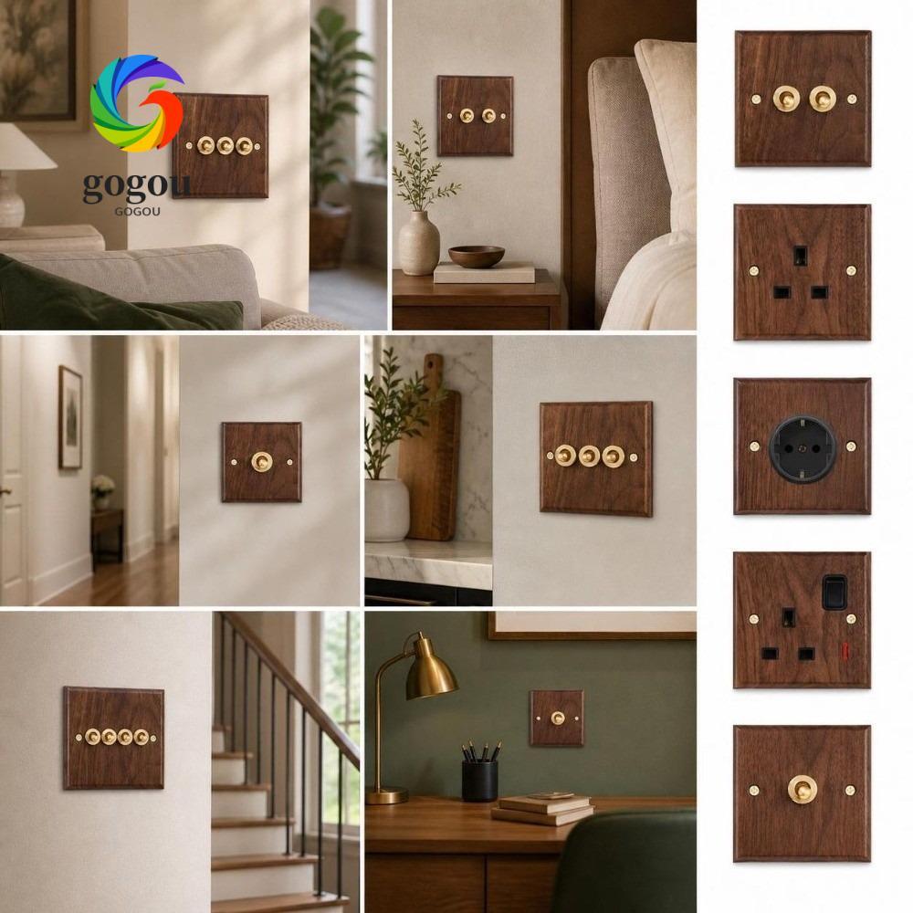 GOGOU Toggle Switch Socket Panel, 86 Type Wood Wall Light Switch Panel, Retro Brass Lever Toggle Swi