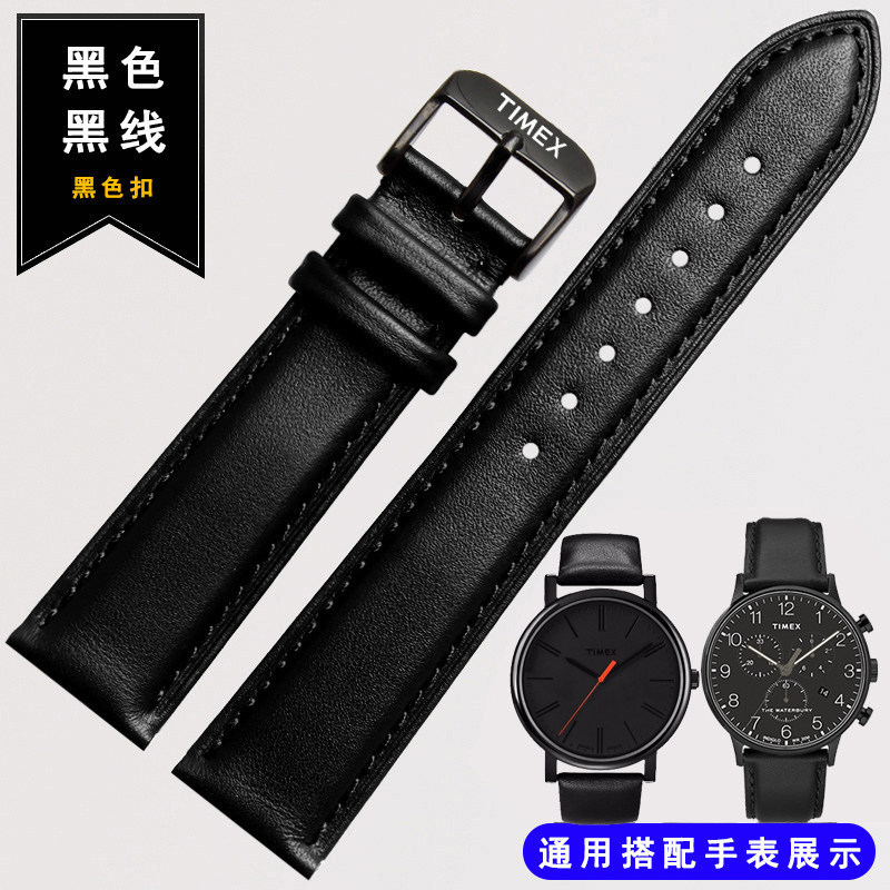 TIMEX TIMEX สายนาฬิกาหนังแท้เหมาะสําหรับ TW2R71800 T2N794 สีดําหัวเข็มขัด Cowhide สายคล้องผู้ชาย