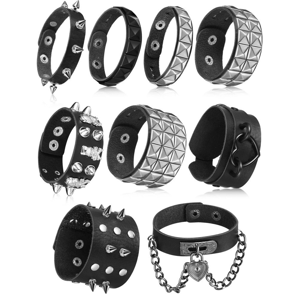 Punk สร้อยข้อมือหนังชุดสําหรับผู้หญิงผู้ชาย Gothic Spike Rivet หัวใจสายรัดข้อมือ Rock E-girl ปรับ PU หนังข้อมือ Party คอสเพลย์เครื่องประดับอุปกรณ์เสริม