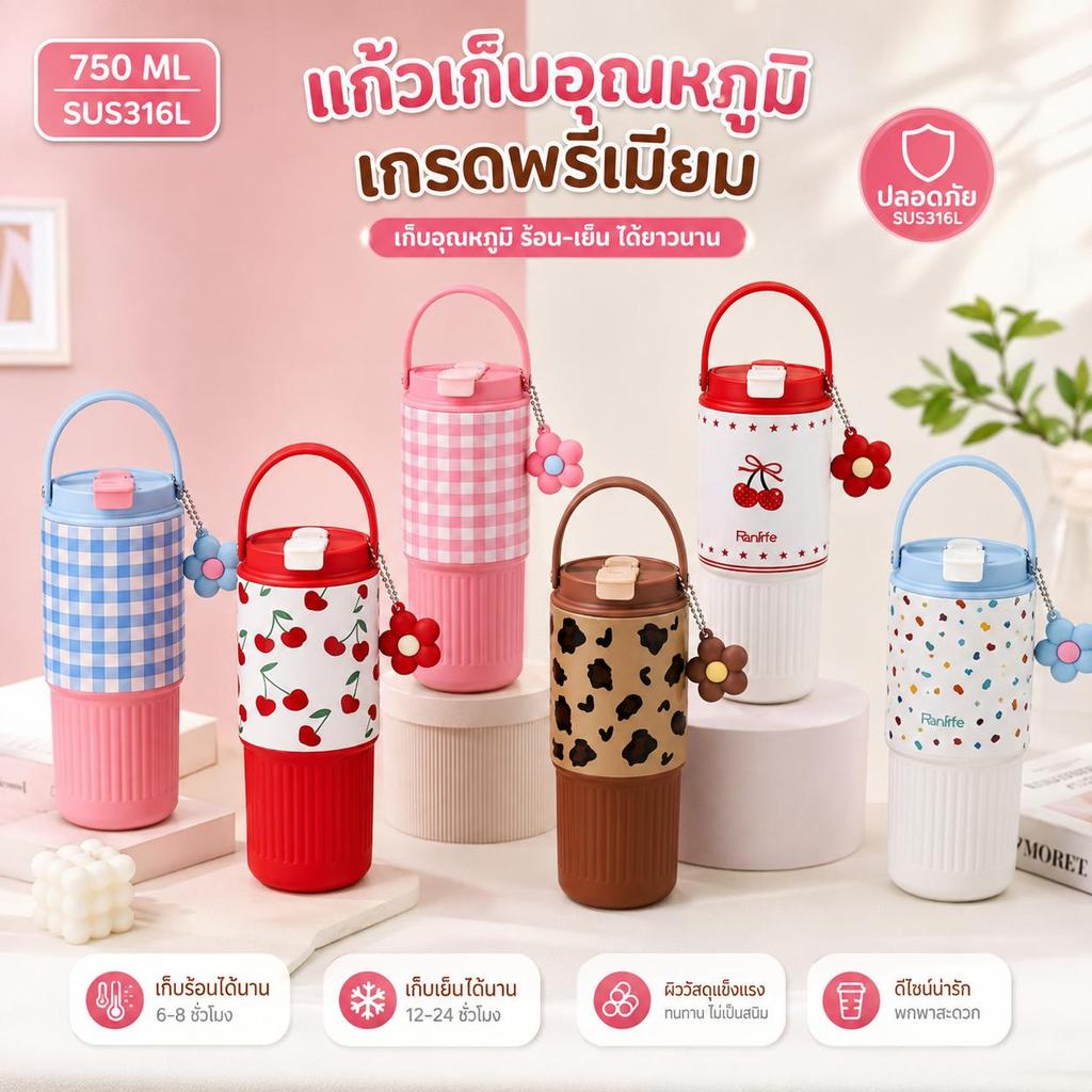 แก้วเก็บอุณหภูมิ 750ML สแตนเลส 316 พร้อมหลอด มีหูหิ้ว ลายน่ารัก เก็บร้อนเก็บเย็น แก้วน้ำพกพา