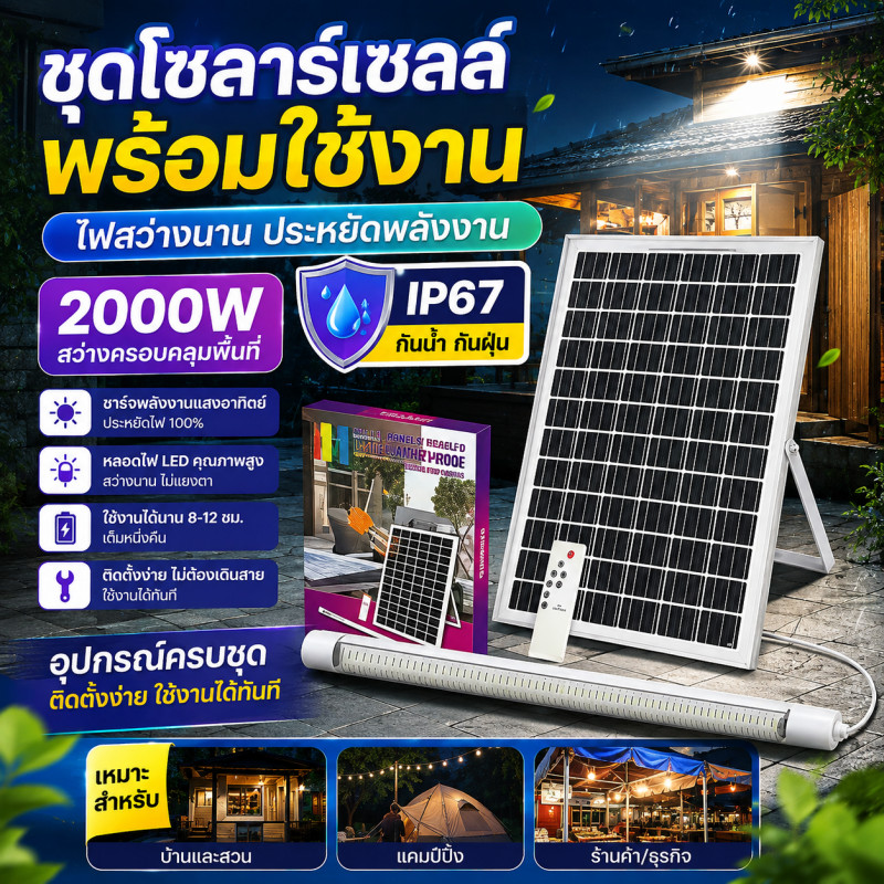 ไฟโซล่าเซลล์ 1000/1500W หลอดโซล่าเซล LED หลอดไฟนีออน กันน้ำกลางแจ้ง ป้องกันฟ้าผ่า เหมาะสำหรับสถานที่ต่างๆ