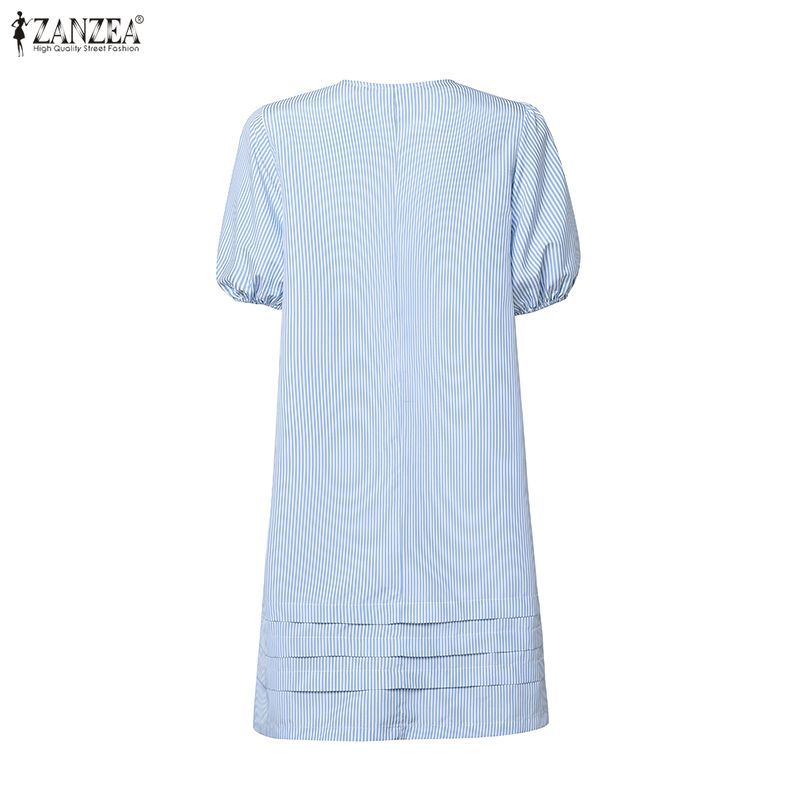 ZANZEA ใส่ ซานเซีย แฟชั่นสตรีวันหยุดสไตล์เกาหลี-ลําลองพัฟแขนลายคอวีทอติดตั้ง ชม.-เส้น ชุด ... — صورة 8