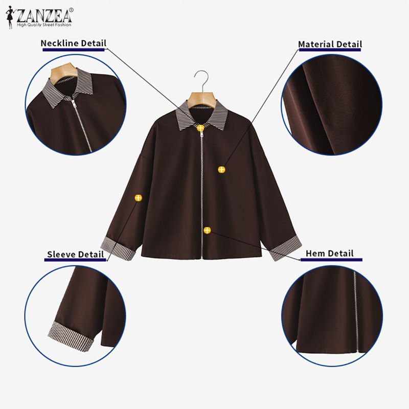 ZANZEA เสื้อแจ็คเก็ตผ้าปะต่อแขนยาวลายทางแฟชั่นเกาหลีสําหรับผู้หญิง — صورة 7