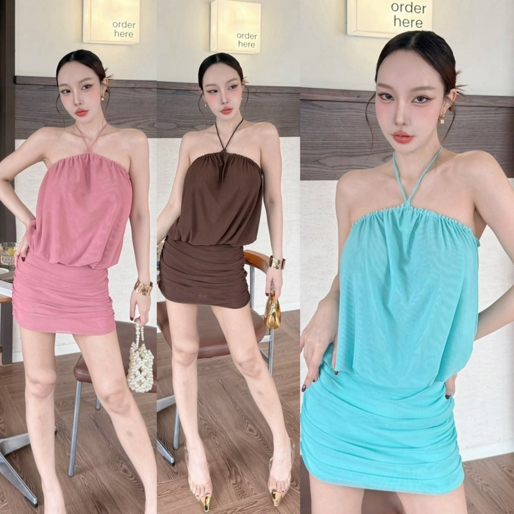 D090 เดรสสั้นผูกคอ ผ้าตาช่ายมีซับ ชุดเดรส ชุดเที่ยว
