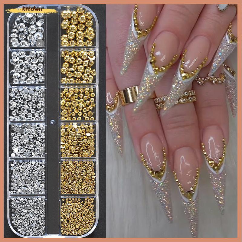 XDT 12Grids 3D Gold Star Moon Nail Studs Y2K โลหะ Charms DIY เล็บ KCP