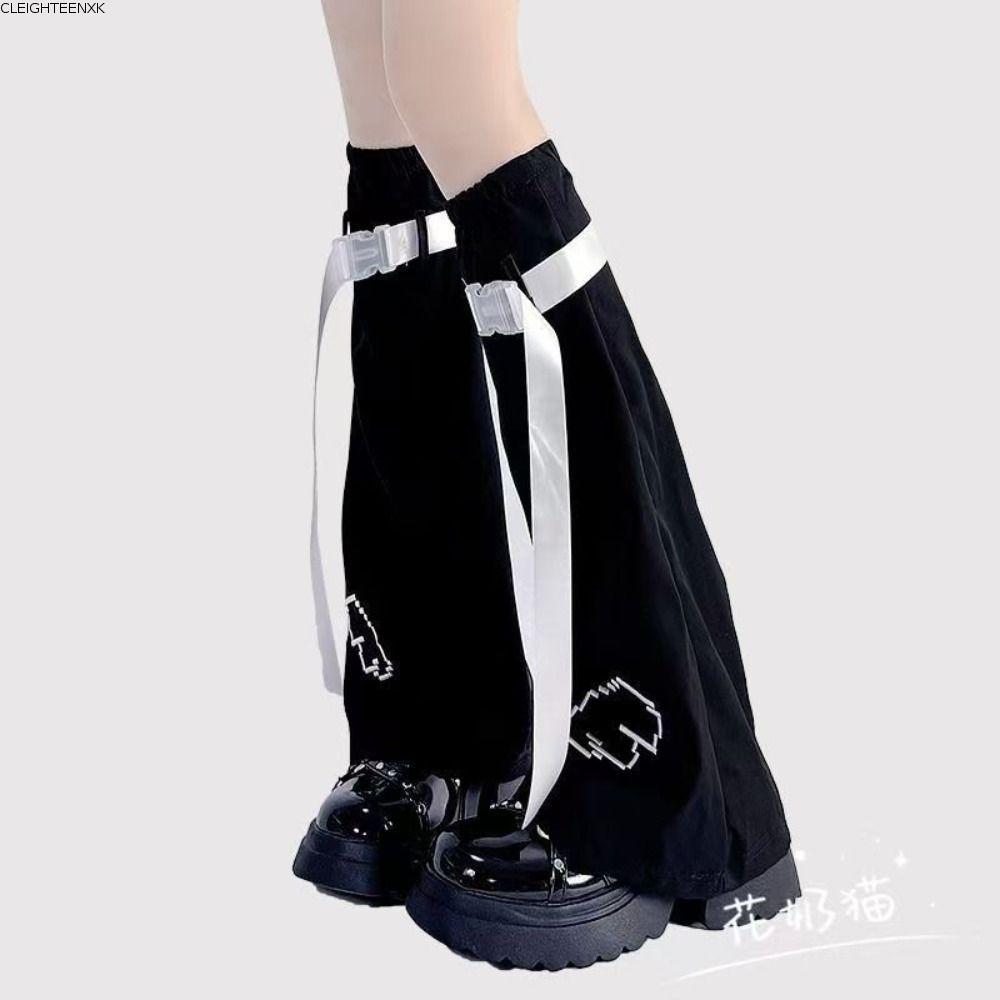 CLEIGHTEEN8H ขาอุ่น, สีฟ้าสีขาวหัวเข็มขัดทรัมเป็ตรูปขาถุงเท้า, Harajuku Wing Design Keep Warm Y2K สไ