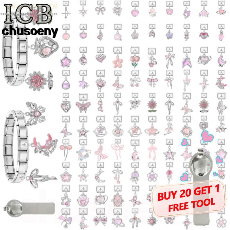 สร้อยข้อมือสแตนเลสสไตล์จี้ มีลายดอกไม้สีชมพูและดาวอิตาลี พอดีวงรอบ 9 มิลลิเมตร ทำเองได้ง่าย เครื่องประดับเสริมบุคลิกภาพ