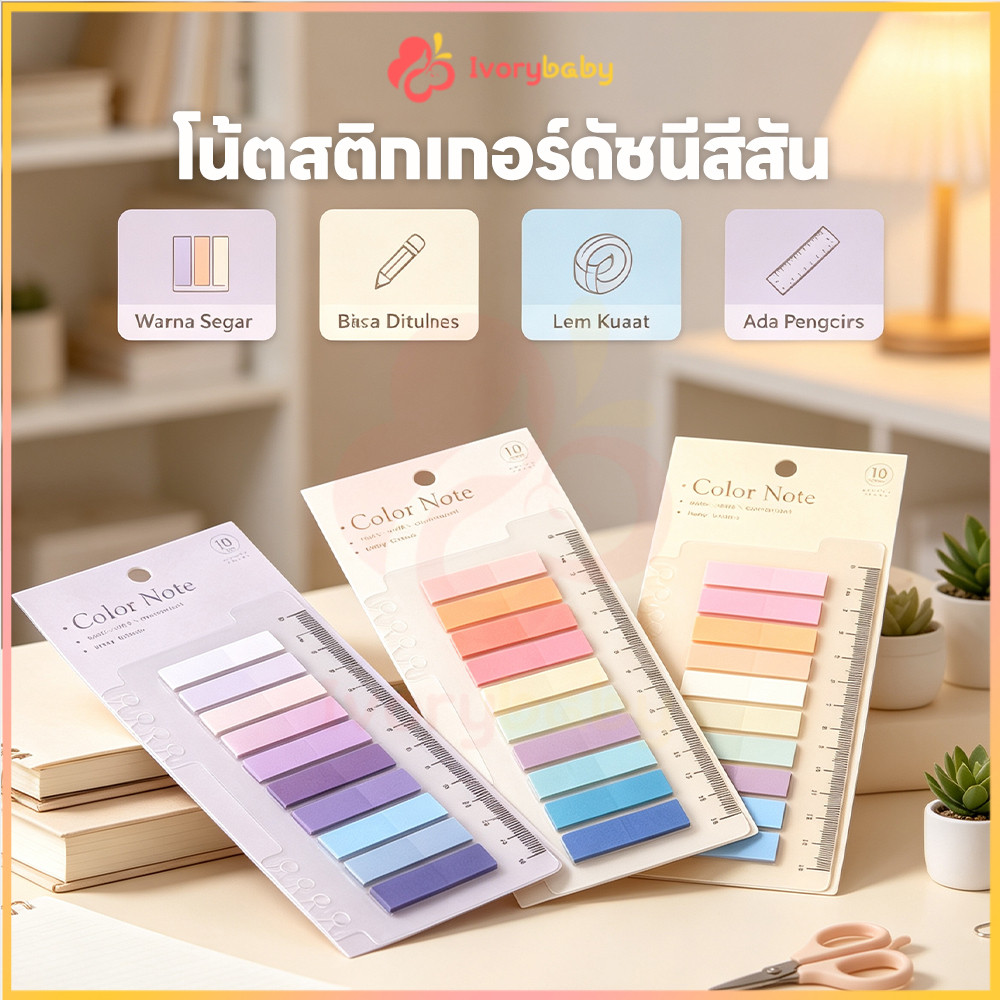 IVORYBABY ดัชนีคั่นหน้า10 สี คั่นหนังสือมีแถบกาว แบบไม้บรรทัด Sticky Notes Index หลากสี กันน้ำคั่นหนังสือ