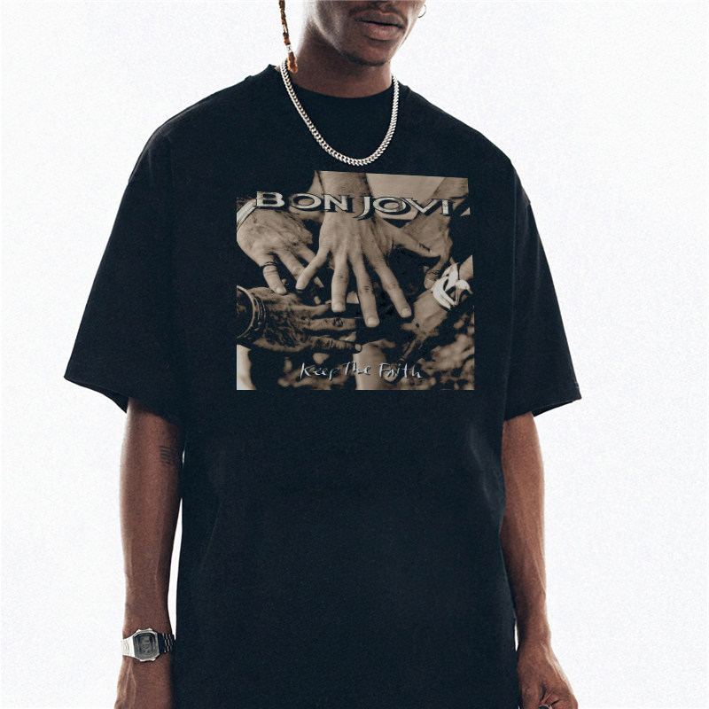 เสื้อยืดลายอัลบั้ม Bon Jovi Keep The Faith เสื้อแขนสั้นสีดำวงร็อค สำหรับแฟนเพลงร็อคคลาสสิก