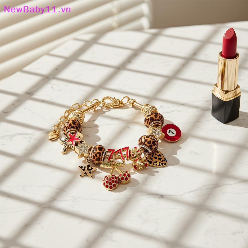 NewBaby Gold Tone Charm สร้อยข้อมือเสือดาวพิมพ์ลูกปัด Rhinestone Cherry 777 Charms เหมาะสําหรับสวมใส
