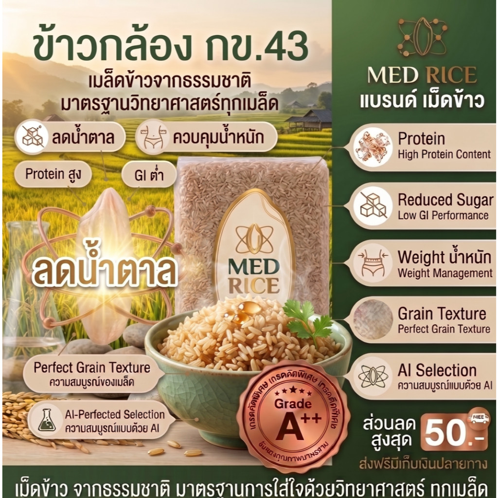 [คัดพิเศษ][ส่งฟรี]ข้าวกล้องกข43 (5 กก.) น้ำตาลต่ำ ปลอดสาร ข้าวเพื่อสุขภาพ เกรดพรีเมี่ยม - ตรา เม็ดข้