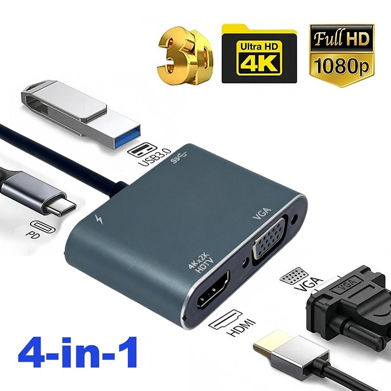 Type-C Hub 4K 4 in 1 HDMI VGA USB Port Digital AV PD Adapter ชาร์จสําหรับแล็ปท็อปพีซี