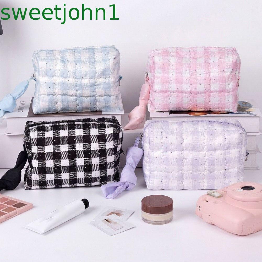 SWEETJOHN กระเป๋าเครื่องสําอางลายตารางหมากรุกความจุขนาดใหญ่ High Beauty Score กระเป๋าแต่งหน้า, กรณีเ