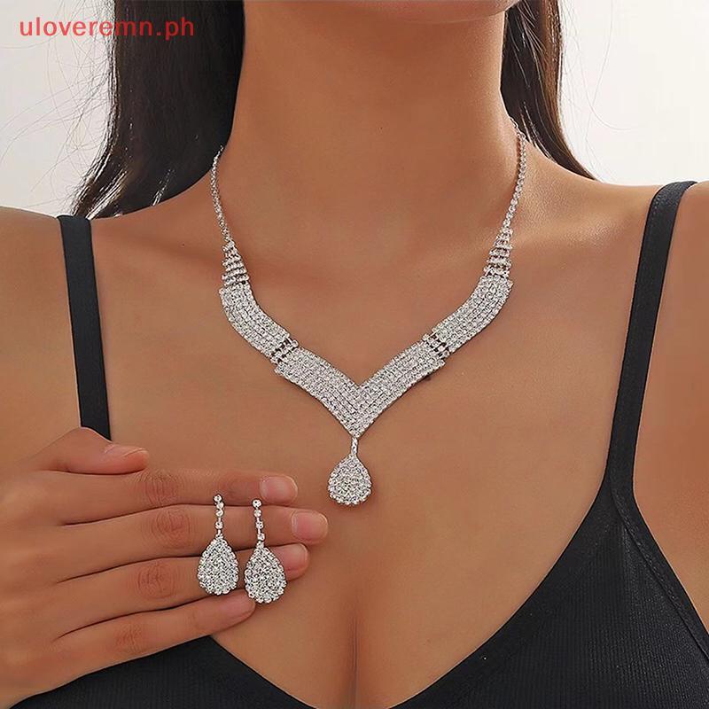 Uloveremn ชุดเครื่องประดับเจ้าสาว Rhinestone 2 ชิ้น: สร้อยคอและต่างหูสําหรับผู้หญิง PH