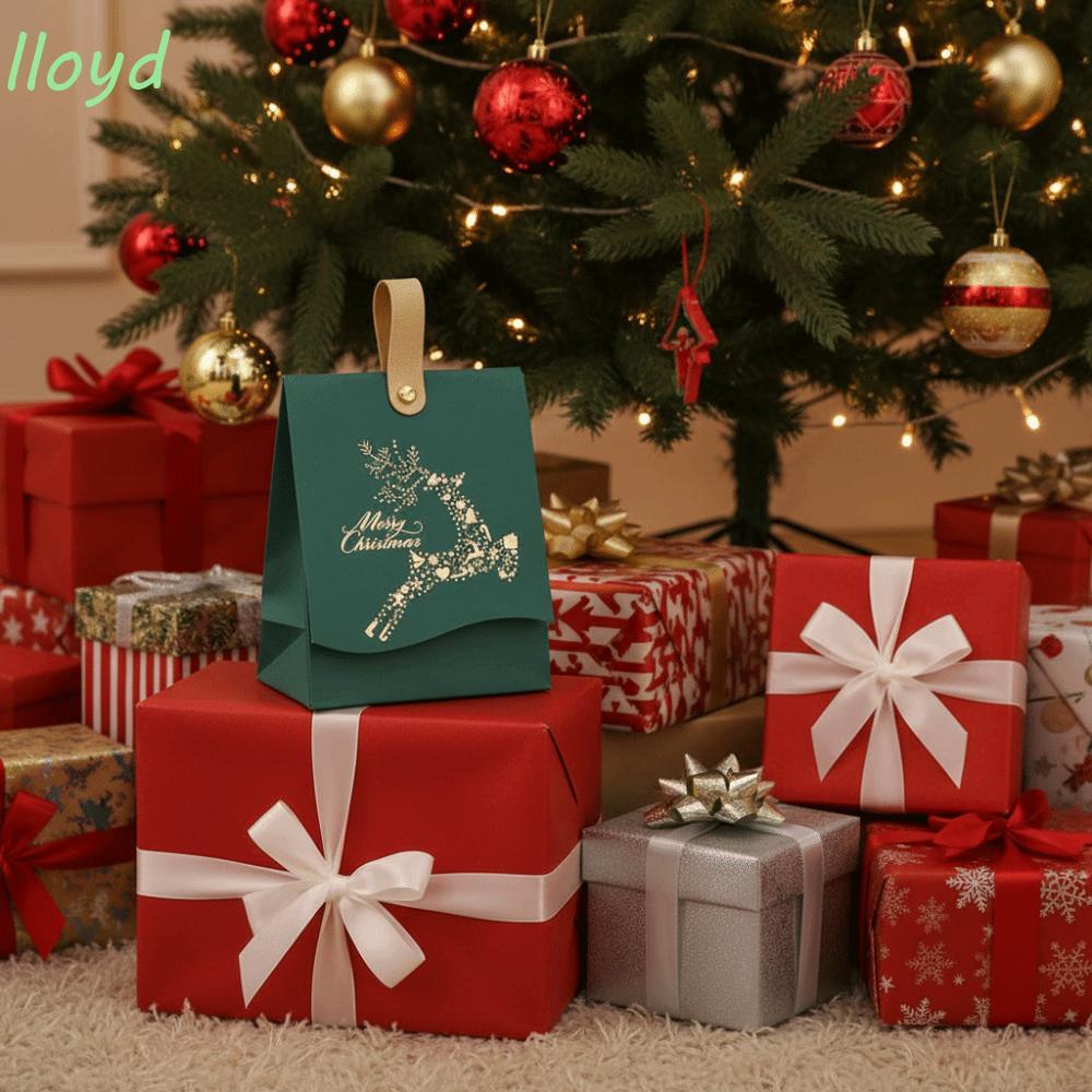 LLOYD 10 ชิ้น Merry Christmas Candy Gift Box, with Leather Handles Square Christmas Party Gift Packa