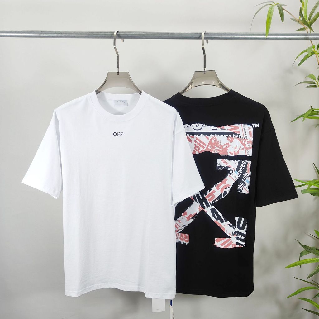 J7N5 Off-White All-Match คอกลมฤดูร้อน Graffiti Arrow พิมพ์เสื้อยืดแขนสั้นผู้ชายผู้หญิง