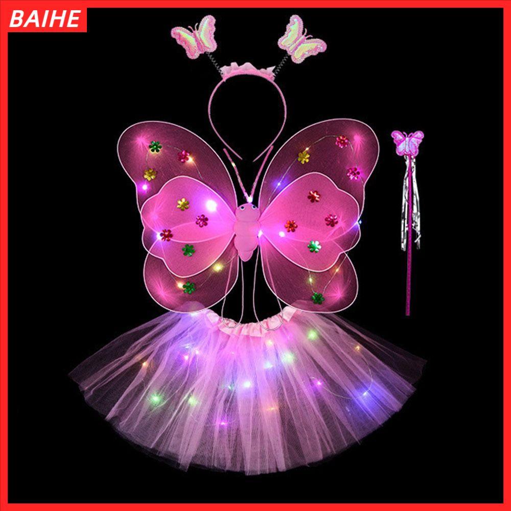 BAIHE กระโปรงเด็กผู้หญิง 2-8 ปี Princess Hair Hoop Dressing Up ปีกผีเสื้อ Angel Luminous Wings
