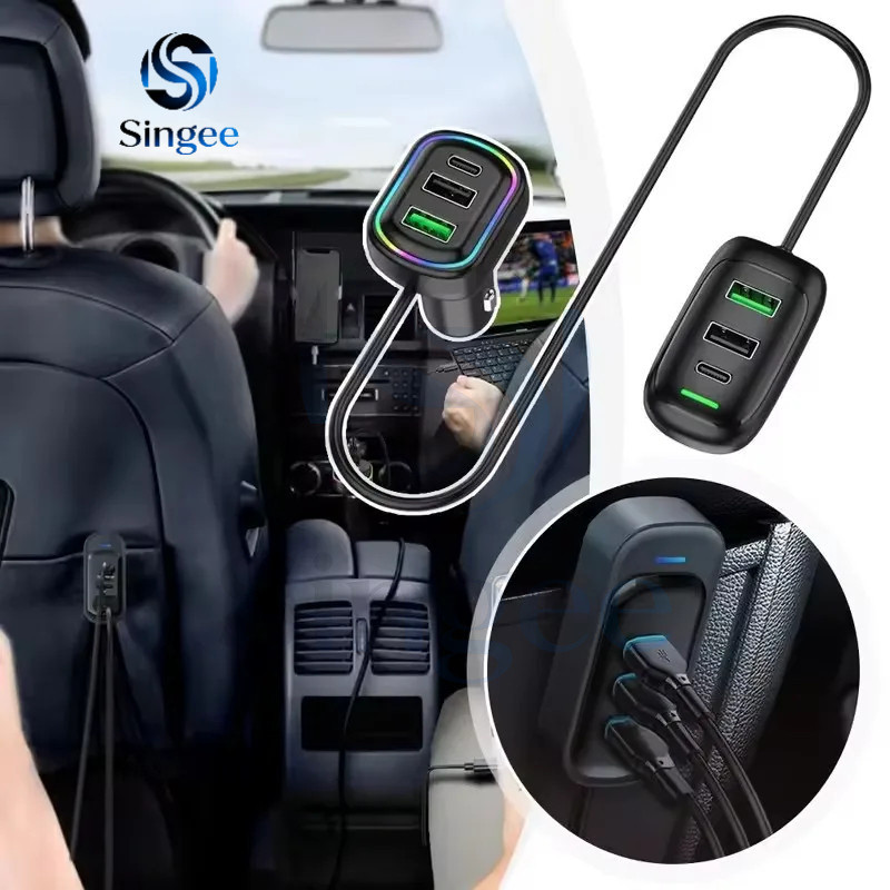 Singee Car Charger 6-Ports 48W USB Type-C ด้านหน้าและด้านหลัง Extension Car Charger พร้อมไฟ RGB PD ส