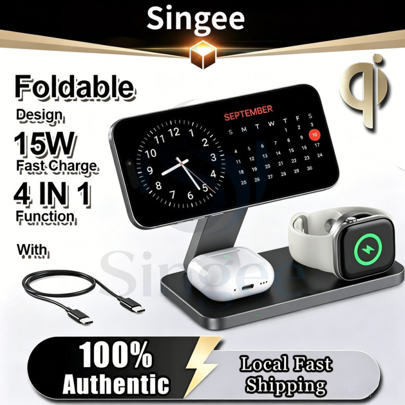 Singee สถานีชาร์จไร้สาย 3 in 1 แบบพับได้ 15W สถานีชาร์จไร้สายแบบแม่เหล็กชาร์จเร็ว