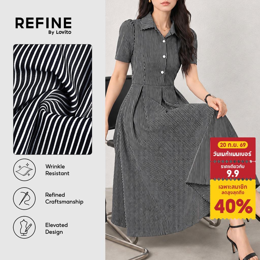 (Refine by Lovito) สง่างาม เดรสสวยหรูสำหรับใส่ เดรสคลาสสิกอเนกประสงค์ติดกระดุมด้านหน้าซิป สีน้ำเงินเข้ม สำหรับผู้หญิง เหมาะสำหรับฤดูใบไม้ผลิ/ฤดูร้อน ทำงาน LR23L066